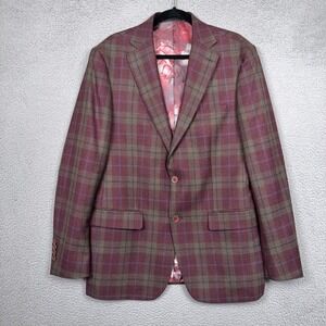Tallia Blazer Men 42L Burgundy Glen Plaid Wool Blend Sport Coat Preppy Old Money
